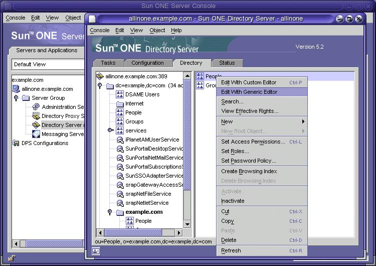 Configuring a Messaging Server Instance Figure 3-7 Sun ONE Directory Server Window 5. In the Sun ONE Directory Server window: a. Click the Directory tab. b.