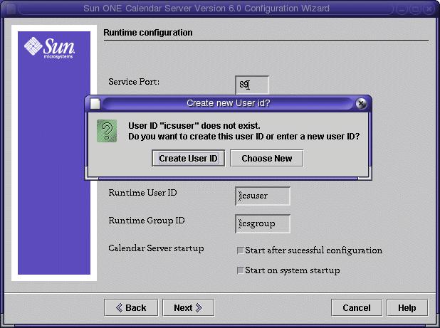 Configuring a Calendar Server Instance Figure 3-14 Create New User ID Dialog 9. In the Create New User ID dialog, click Create User ID. 10. In the Runtime configuration page, click Next.