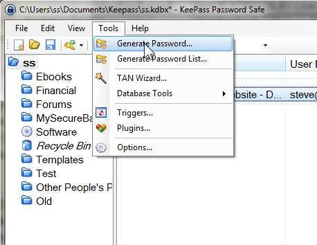 Creating Passwords with Keepass Select the Generate password option from the Tools menu. You'll notice that you have lots of options for creating passwords and also Profiles to name them.