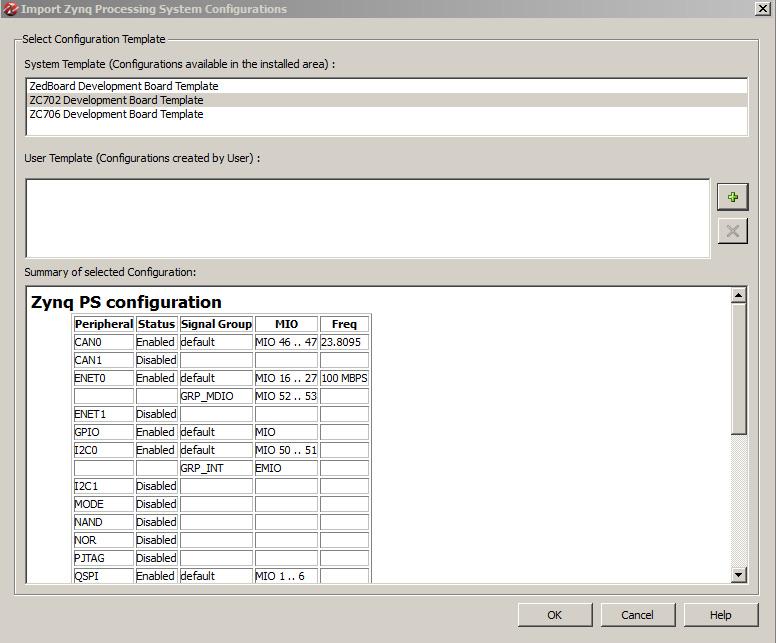 Embedded System Construction 7. Select a configuration template file for the ZC702 board.