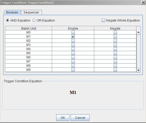 Take a Test Drive! Debugging Hardware Using ChipScope Software c. In the Trig section of the Trigger Setup window, click M0 in the Trigger Condition Equation column.