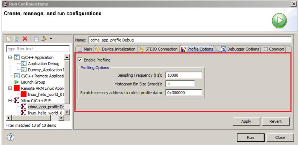 Profiling an Application using SDK 6. Select the Profile Options tab and set the following parameters, as shown in Figure 7-3: a. Click to select the Enable Profiling check bo