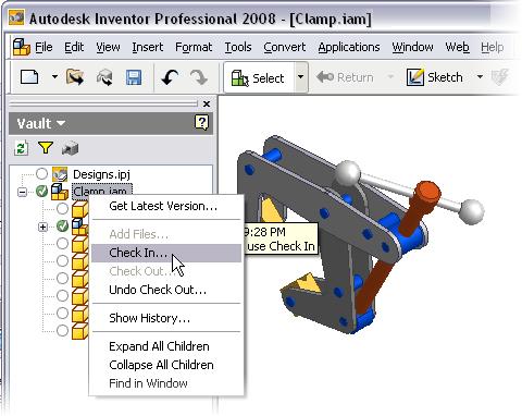 For example, the vault client interface for Autodesk Inventor includes a Vault browser. Icons indicate each file s status and shortcut menus give access to common Vault commands.