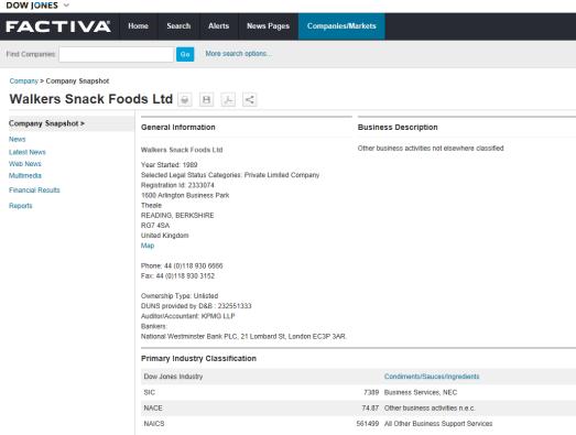 COMPANY PROFILES > Factiva: (Off Campus users login to the University Extranet first!!) Factiva s Company Snapshots give a general overview including business descriptions for listed companies.