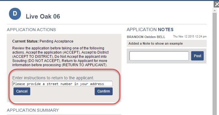 Remember, any Notes entered ties it to the application that the applicant CANNOT see. Once you have entered your instructions or questions for the applicant, click Confirm.