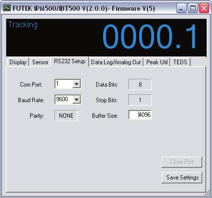 RS232 SETUP FUNCTIONS If parameters are not selectable then you must first select the Close Port Button. Com Port- Select the Com Port that the display is connected to.