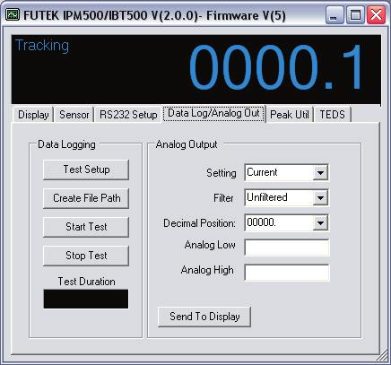 DATA LOG/ANALOG OUTPUT FUNCTIONS Data Logging Test Setup- Define the test interval and test duration (minimum interval is 0.1 sec). Test Interval- This is how often a reading is taken.