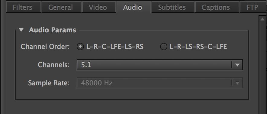 Export Settings - Select the Audio Tab in the Export Settings for CuteDCP - Select Channel Order L-R-C-LFE-LS-RS,