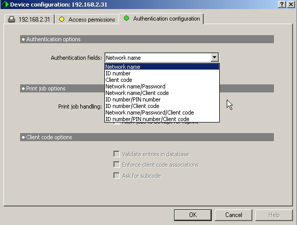 1) Under Authentication fields, select the method for users to authenticate at the MFP panel.