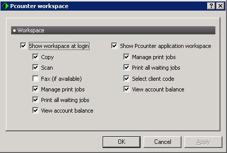 In the Pcounter for Kyocera configuration program, choose Settings Workspace to open the Pcounter workspace screen. 2.