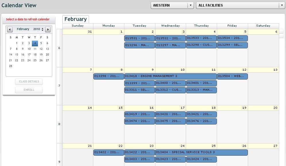 5. The Calendar View screen will appear and display all the instructor led classes in a calendar view. Week numbers appear down the left side of the larger calendar. 6.