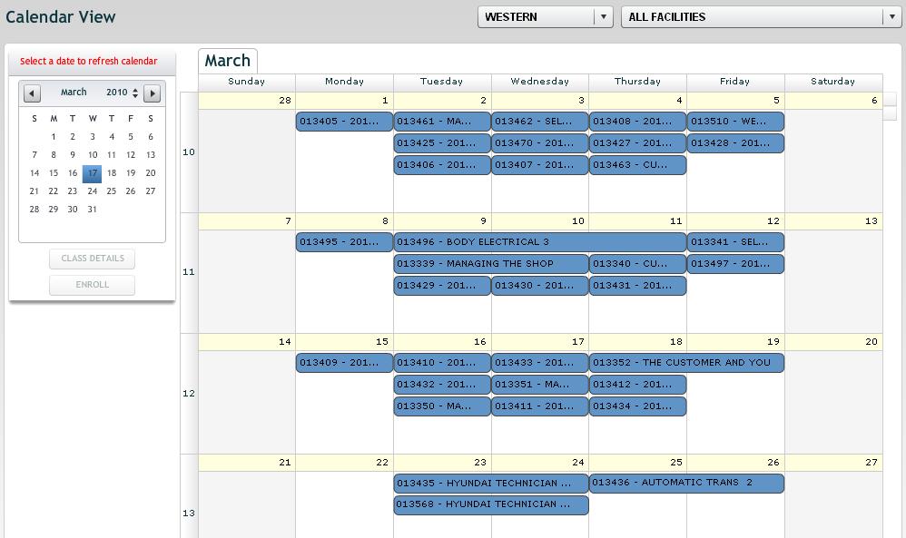 The larger calendar will then display the new month and overlay the classes for that month. 14.3.