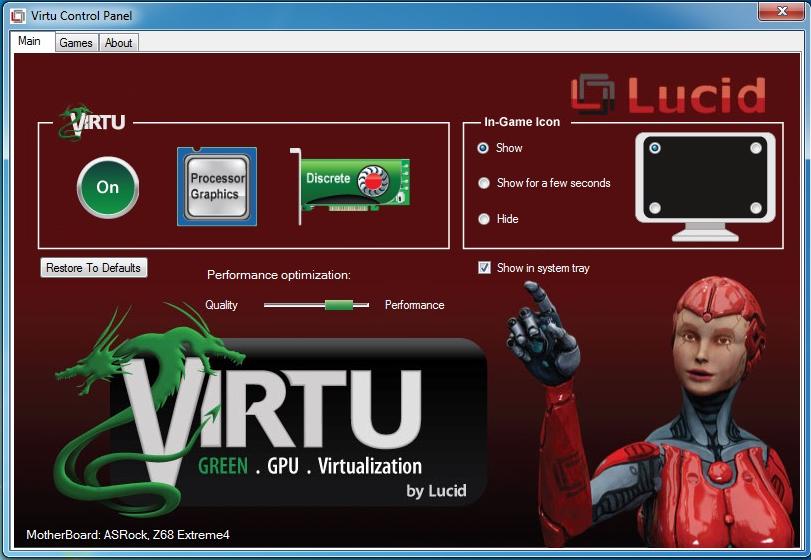 5.1 VIRTU Control Panel 5.1.1 Main Tab When activating the VIRTU control panel (either from the start menu or from the system tray icon), the following window is displayed: By pressing a big On