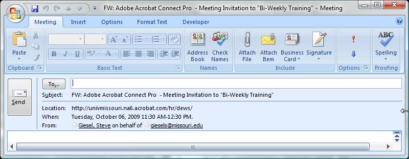 A second window opens as an email message with all the meeting particulars included.