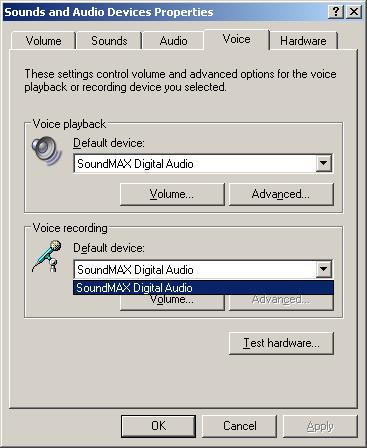 5. Here is the "Sounds and Audio Devices Properties" dialog box. If not already selected, click the "Voice" tab (blue arrow).. B U L 5-Properties 6.