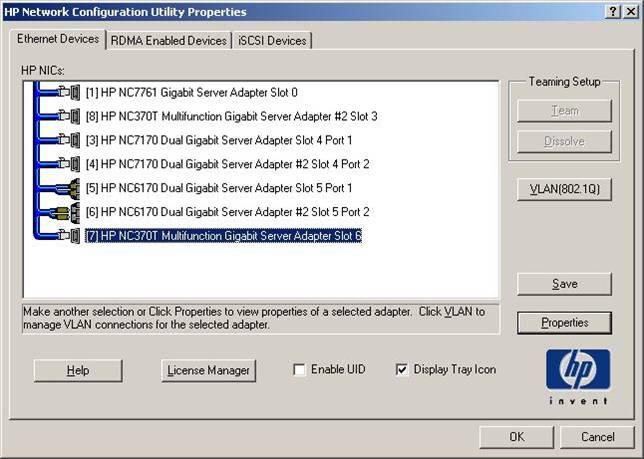 1. On the NCU Main window, select an HP Multifunction Server Adapter. The Properties option appears. NOTE: HP BladeSystem servers report an IO Bay number instead of a Slot number. 2. Click Properties.