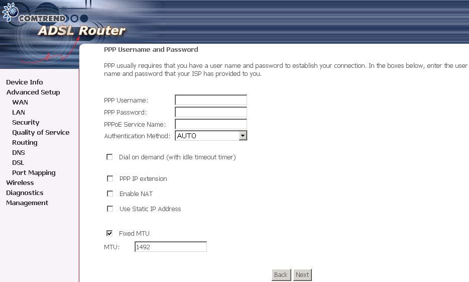 5.2.1 PPP over ATM (PPPoA) and PPP over Ethernet (PPPoE) 1. Select the PPP over ATM (PPPoA) or PPP over Ethernet (PPPoE) radio button and click Next.