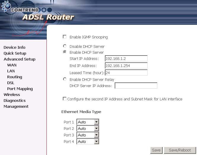 6.2 LAN Configure the DSL Router IP Address and Subnet Mask for LAN interface. Save button only saves the LAN configuration data.