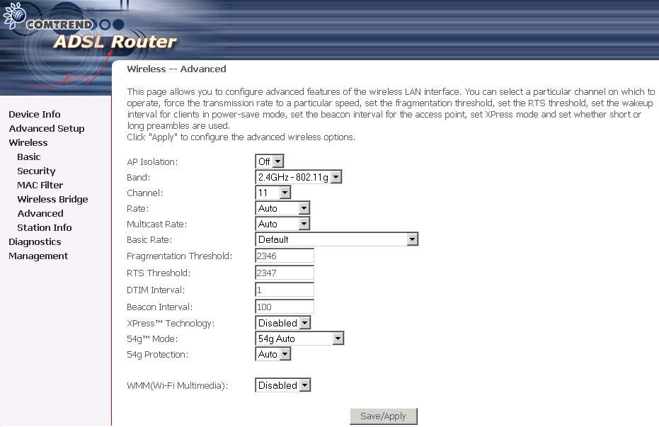 7.1.4 Advanced The Advanced page allows you to configure advanced features of the wireless LAN interface.
