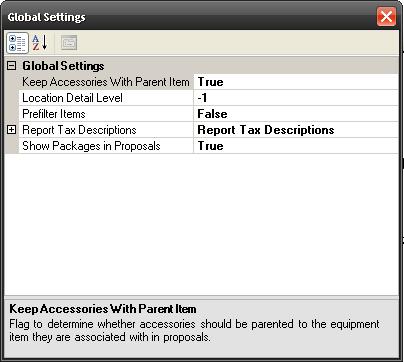 Selecting Global Settings will open the following form: Keep Accessories With Parent Item Options are True or False.
