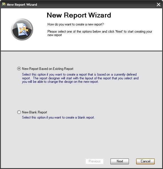 Menu bar File -> New (New Report Wizard) To create a new custom report, go to File New.