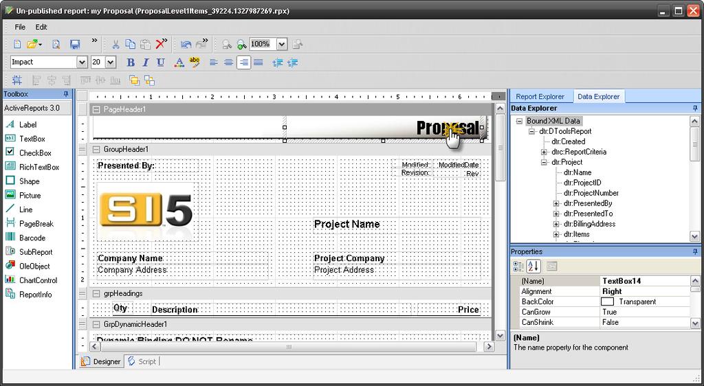 Step 2: Modify the Page Header 1) In the design pane, in the PageHeader1 section, click on the text that says Proposal.