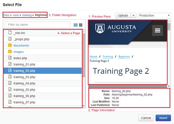 Links Linking to an Augusta University Page When linking to another page on the university s website, click the File Search button and another pop-up box will appear.