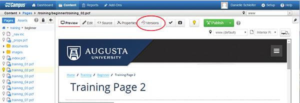 Reverting Pages Every time a webpage is published, OU Campus catalogues that version of the page. The Versions screen shows a list of saved versions of a page.