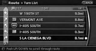 Available items:. Turn List: Displays the details of the suggested route. Using turn list (page 5-11). Preview: Allows you to confirm the suggested route by scrolling the map.