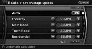 Set average speeds You can calculate the required time to the destination based on the set vehicle speeds. Basic operation: 1. Push <ROUTE>. 2. Highlight [Guidance Settings] and push 3.