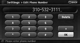 displayed. 3. Enter the telephone number of the home or stored location. PHONE NUMBER INPUT SCREEN (page 2-24) 4. Highlight [OK] and push The telephone number is stored.