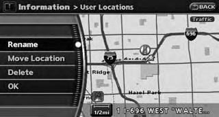 When the location that you desire to check the traffic information for is selected, the map screen centered around the stored location with traffic information is displayed on