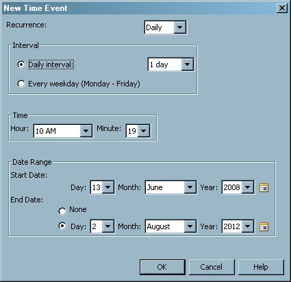 Scheduling Jobs Using Schedule Manager 4 Using the Standard Interface 37 In the New Time Event dialog box, select the type of recurrence (if any) and then specify the interval between runs, and