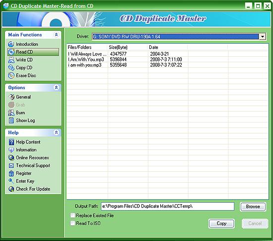 1. Start the program. 2. Put a data CD into the CD drive, and click the "Read CD" button on "Main Functions". CD Duplicate Master will automatically load files from CD.