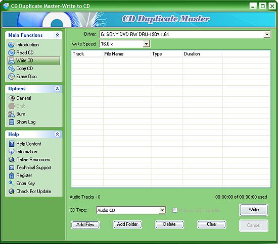 Write CD CD Duplicate Master enables you to burn audio CD and data CD. With the "Write CD" button you can write files to CD-R media. Write audio CD 1. Start the program. 2.