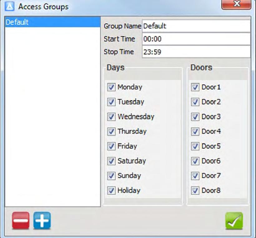 Access Group Setup The Default Access Group allows ALL Tagholders assigned to the Group access to ALL Doors at ALL times. Therefore, create Access Groups to restrict or allow access as required.