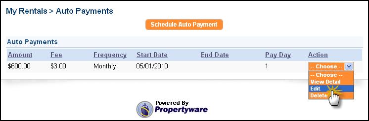 Page 20 Editing Auto Payments You can edit your auto payments at any time. Step From the My Rentals or My Account screen, click the Auto Payments button.