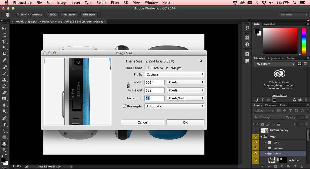 Open the PSD file containing all three rendered views of the redesigned Kodak PlaySport in Photoshop.
