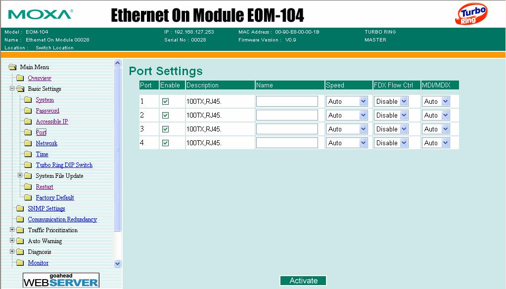 Port Port settings are included to give the user control over Port Access, Port Transmission Speed, Flow Control, and Port Type (MDI or MDIX). An explanation of each configuration item is given below.