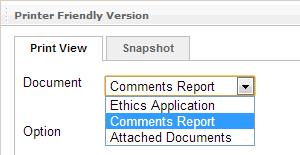 View All Comments To generate a list of all comments created within your application, click the Comments Report from the Document drop-down field and click OK. report icon.