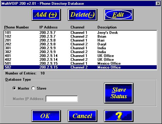 Chapter 4 - MultiVOIP Software Changing the Phone Directory Database The Phone Directory Database dialog box displays all the phone numbers in your MultiVOIP network.