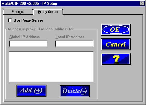 Chapter 4 - MultiVOIP Software Changing IP Parameters The IP Setup dialog box establishes the IP addressing for the local Ethernet LAN, defines the Internet gateway address, and for a remote