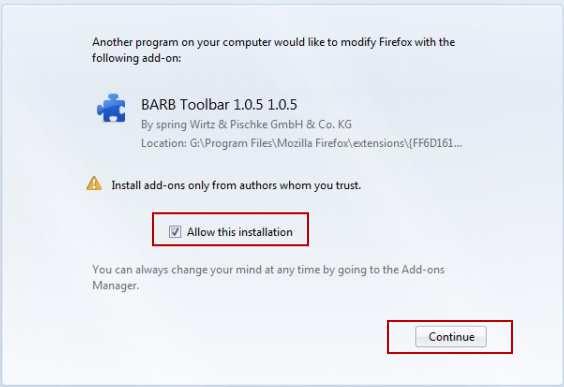 Figure 21: Add-on Installation Confirmation Here, select Allow this installation and then click Continue, as