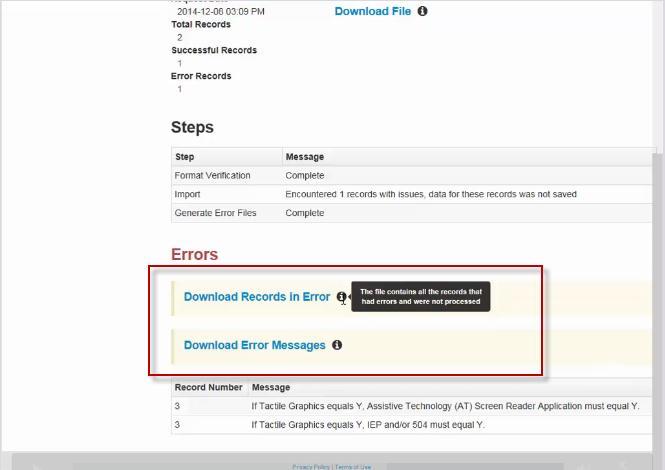 Correct errors and upload new file into Pearson Access Next until a no error status appears.