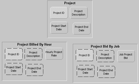 Project Management Application The following graphic shows the entities Project Billed By Hour and Project Bid By Job as they would appear after they have inherited from Project.