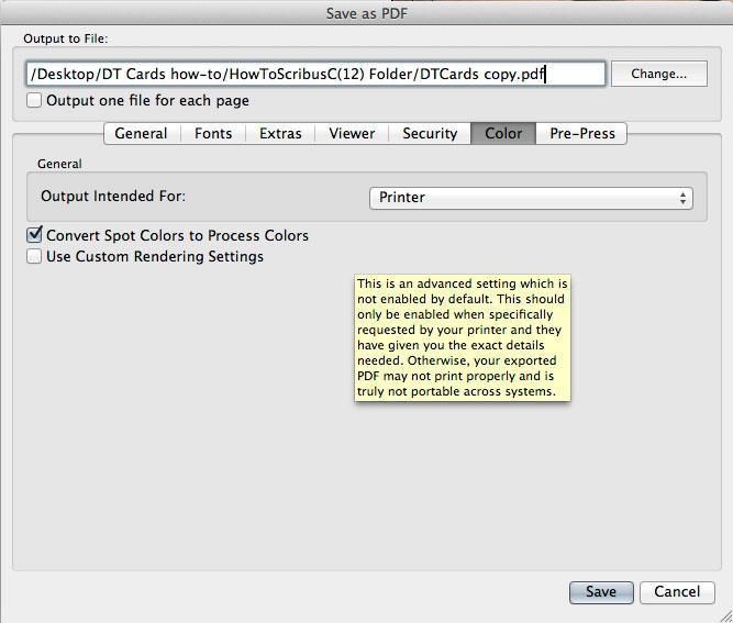 Exporting as a Print-Ready Color PDF (continued) Color Tab Make sure the Intended Output is set to Printer.