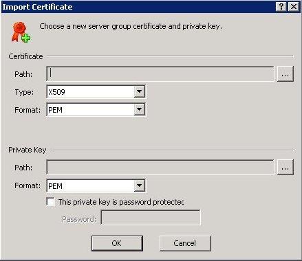 7. Navigate to the locations of the server group certificate and private key files on the USB key in the Certificate Path and Private Key Path boxes, for example: