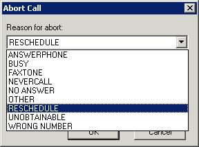 Aborting Outbound Calls To abort an Outbound call, possibly because you are unable to contact the customer specified: Click the Abort icon on the Take Calls toolbar In the Abort Call dialog, select
