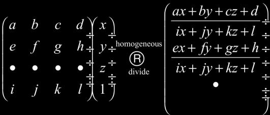 perform homogeneous divide, and get (u,v) coords utting It All Together: A Camera Model Eye coordinates Camera coordinates