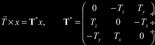 Write cross product as matrix multiplication T * R = 0 T E = 0 E is the essential matrix Essential Matrix E depends only on camera geometry Given E, can derive equation for line Fundamental